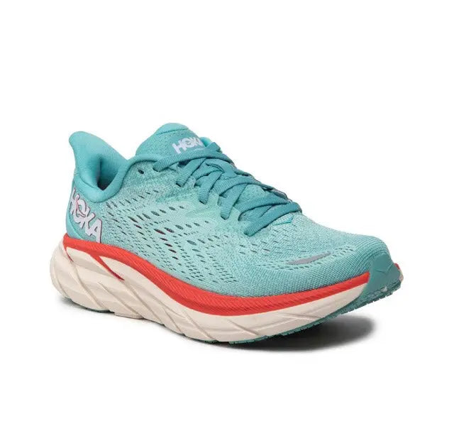 Teal lace-up running shoe with red side stripe, white midsole and HOKA logo