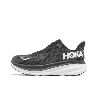 Black knit running shoe with HOKA logo, lace-up front, white cushioned sole