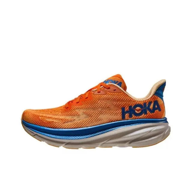 Hoka orange mesh running shoe with blue accents and cushioned white midsole, wide fit