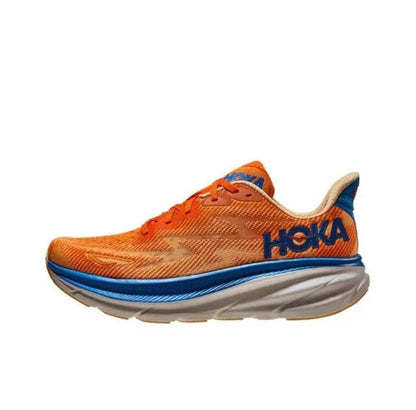 Hoka orange mesh running shoe with blue accents and cushioned white midsole, wide fit