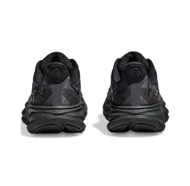 Hoka Clifton 9 Wide dark running shoes showing rear heels and cushioned soles