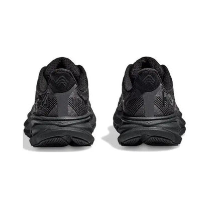 Hoka Clifton 9 Wide dark running shoes showing rear heels and cushioned soles