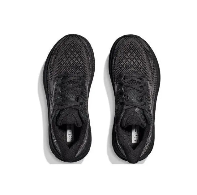 Hoka Clifton 9 Wide dark shoes with lace-up front and textured knit toe