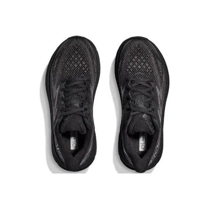 Hoka Clifton 9 Wide dark shoes with lace-up front and textured knit toe