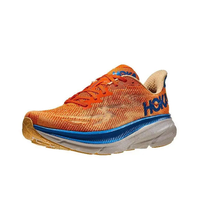 Hoka orange wide running shoe with blue striping, beige collar, and white sole