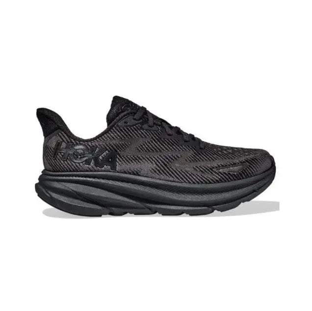 Hoka Clifton 9 Wide dark running shoe with layered midsole and patterned mesh