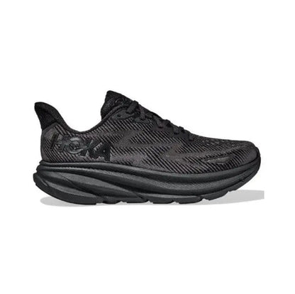 Hoka Clifton 9 Wide dark running shoe with layered midsole and patterned mesh