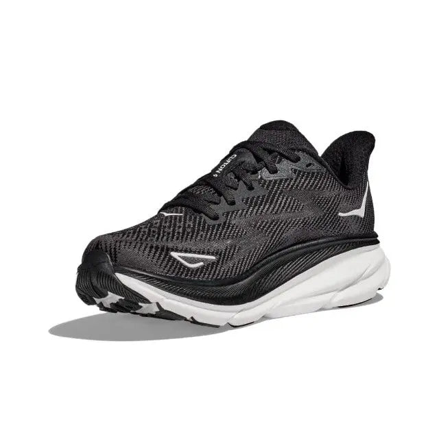 Black lace-up HOKA running shoe with knit upper and white cushioned sole