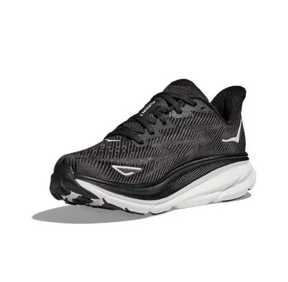 Black lace-up HOKA running shoe with knit upper and white cushioned sole