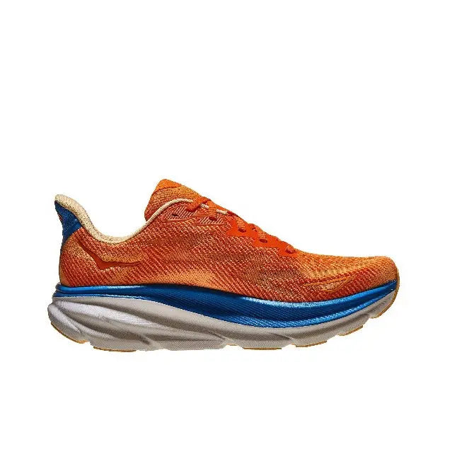 Hoka orange knit running shoe with blue edge and white cushioned midsole