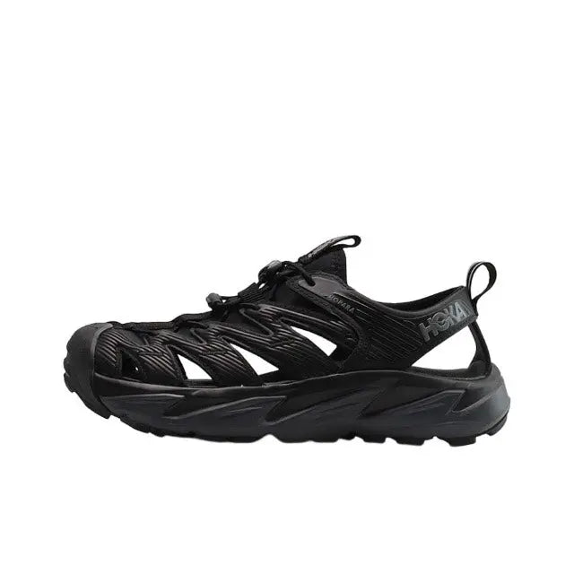 Hoka Hopara black athletic sandal shoe with lace-up and textured straps