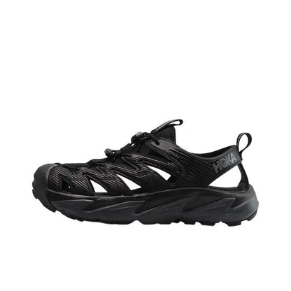 Hoka Hopara black athletic sandal shoe with lace-up and textured straps