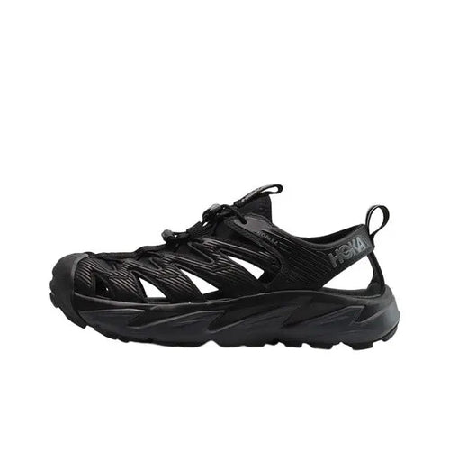 Hoka Hopara black athletic sandal shoe with lace-up and textured straps