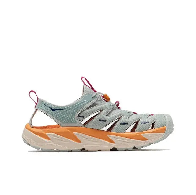 Hoka Hopara athletic shoe in light gray with teal panels, orange accents, fuchsia laces
