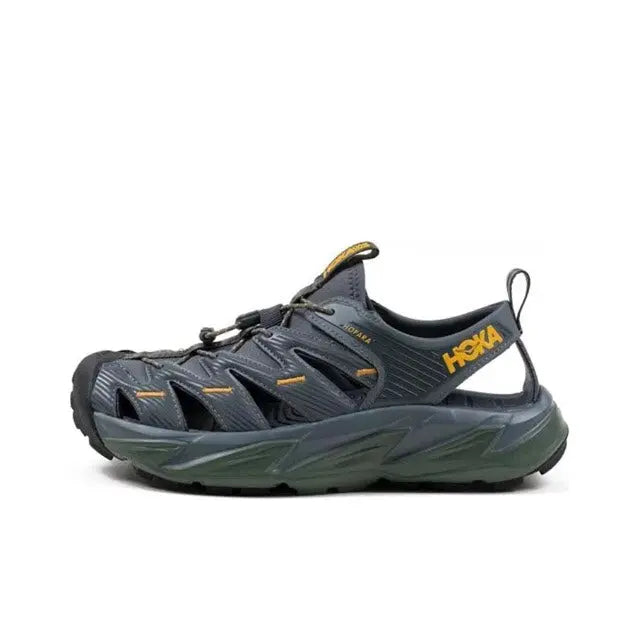 Hoka Hopara sport sandal with dark navy mesh upper and olive-green sole
