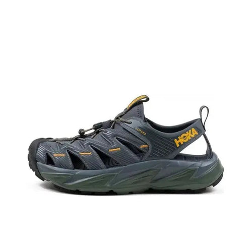 Hoka Hopara sport sandal with dark navy mesh upper and olive-green sole