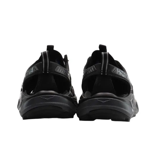 Hoka Hopara black lace-up heel view with cushioned sole and support straps