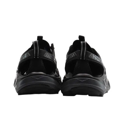 Hoka Hopara black lace-up heel view with cushioned sole and support straps