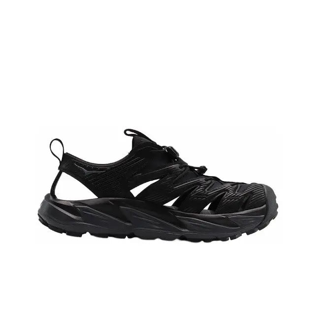 Hoka Hopara black lace-up sport sandal with white logo accents and chunky tread sole