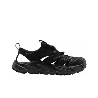 Hoka Hopara black lace-up sport sandal with white logo accents and chunky tread sole