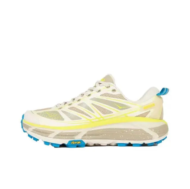 Hoka Mafate Speed 2 trail running shoe, cream upper with blue accents and treaded outsole