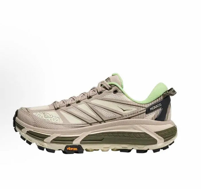 Hoka Mafate Speed 2 trail running shoes in light tan with green accents, black sole
