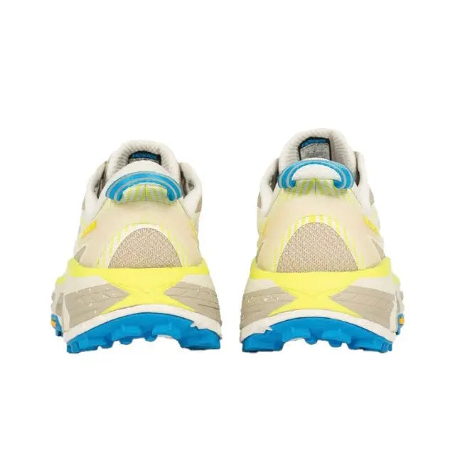 Hoka Mafate Speed 2 trail running shoe, cream heel with padded collar and blue pull tab