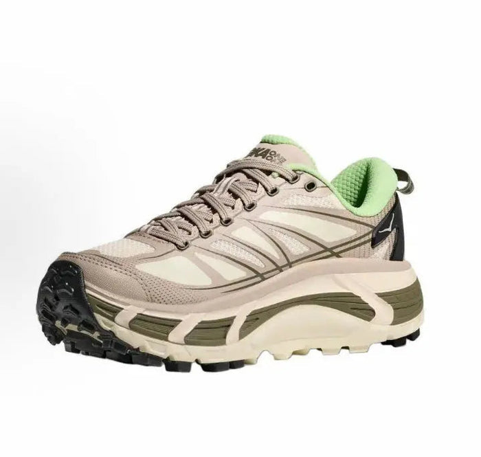Hoka Mafate Speed 2 trail running shoes, beige upper, neon green collar, rugged tread