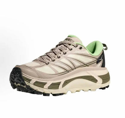 Hoka Mafate Speed 2 trail running shoes, beige upper, neon green collar, rugged tread
