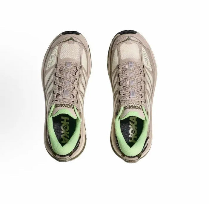 Hoka Mafate Speed 2 trail running shoes, lace-up beige uppers with green insides