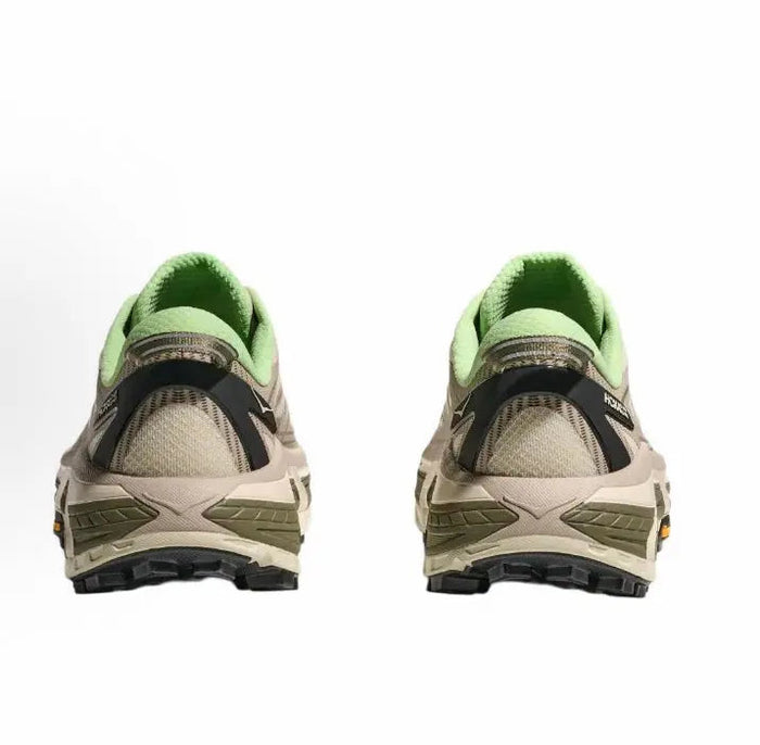 Hoka Mafate Speed 2 trail running shoes, rear view with green heel lining and rugged tread