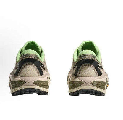 Hoka Mafate Speed 2 trail running shoes, rear view with green heel lining and rugged tread