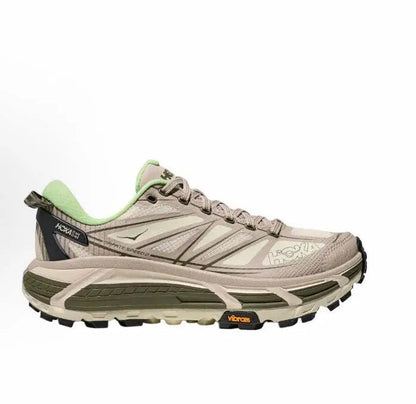 Hoka Mafate Speed 2 trail running shoes, tan and green colorway with chunky lug sole