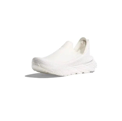 Hoka Restore TC slip-on running shoe, white knit upper and thick cushioned outsole.