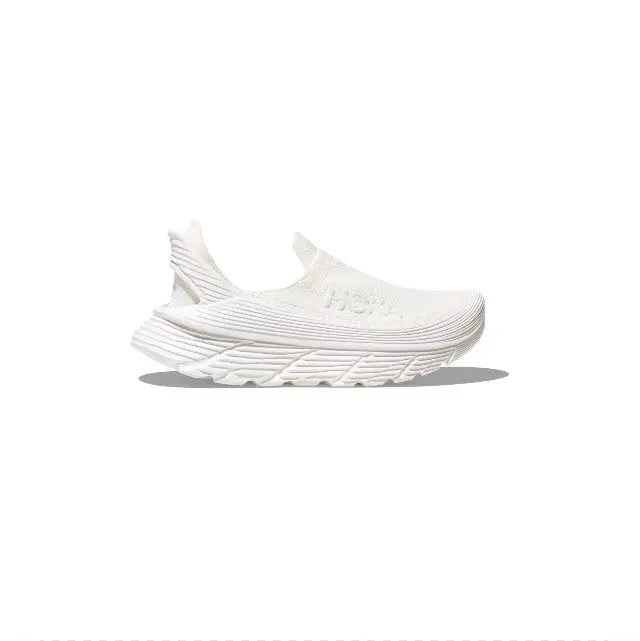 Hoka Restore TC slip-on running shoe, white mesh upper with textured midsole ridges.
