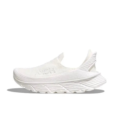 Hoka Restore TC slip-on running shoe, white upper with logo and chunky ridged sole.