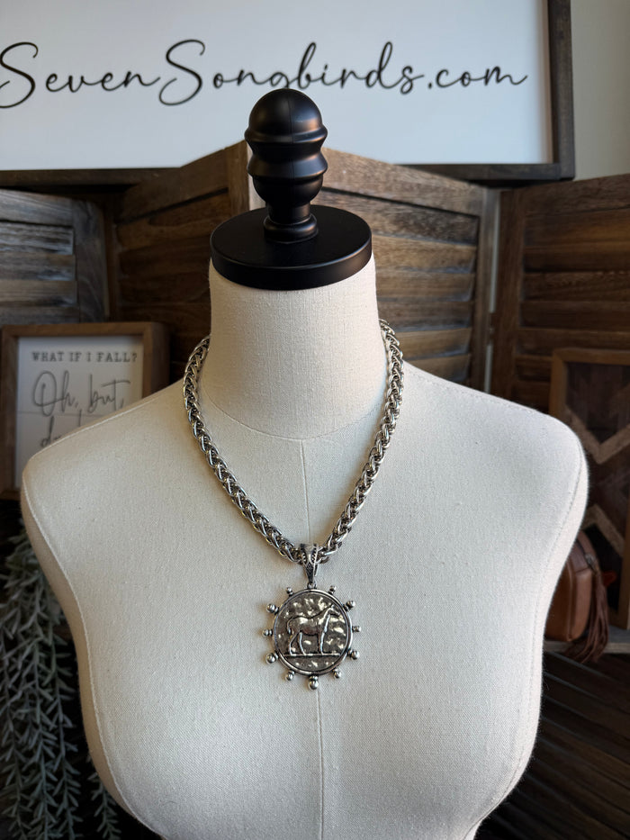 Horse coin medallion pendant necklace on mannequin, chunky chain with round horse charm