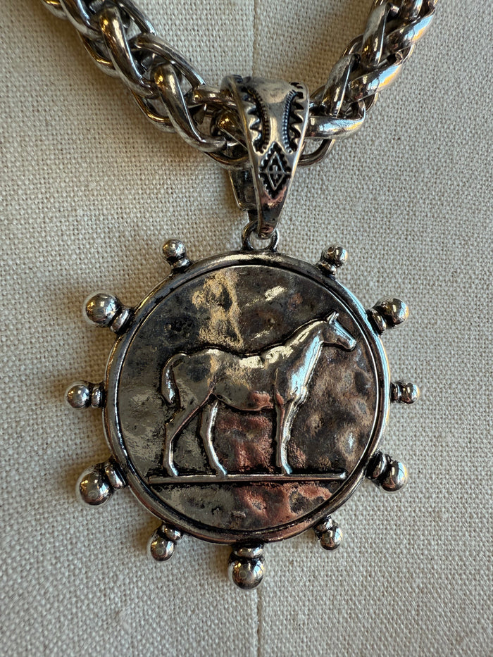 Round horse coin medallion pendant on chunky link chain with bead ring border