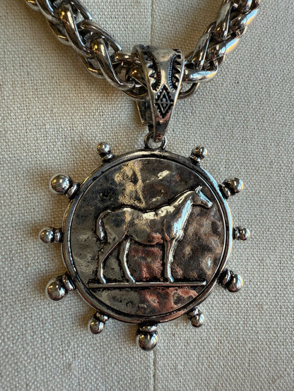 Round horse coin medallion pendant on chunky link chain with bead ring border