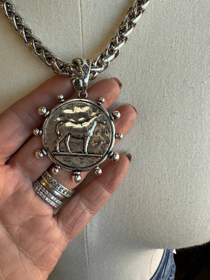 Horse coin medallion pendant necklace, round horse charm with bead accents on chain