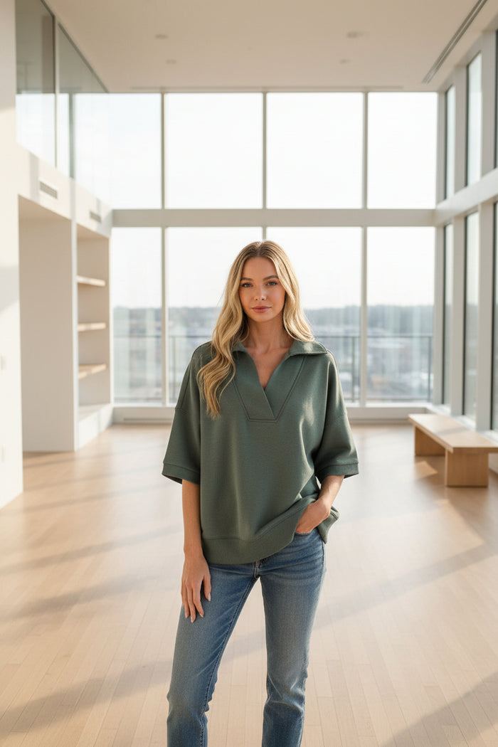 Jade 3/4-sleeve polo collar shirt in dark teal