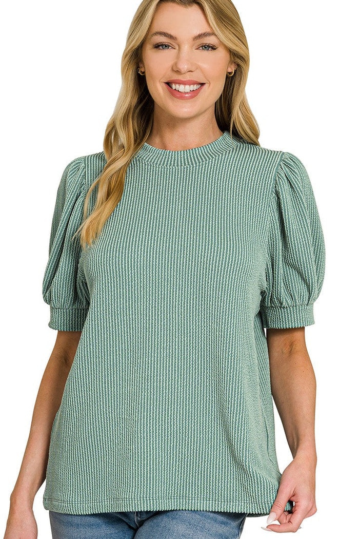 Jade green ribbed puff-sleeve T-shirt with crew neck