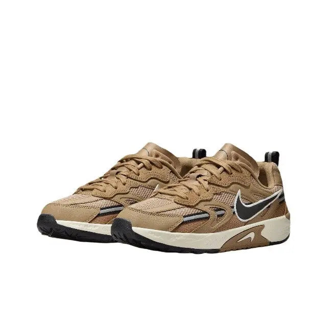 Brown Nike Jam low-top sneakers, side view with black Swoosh and white sole