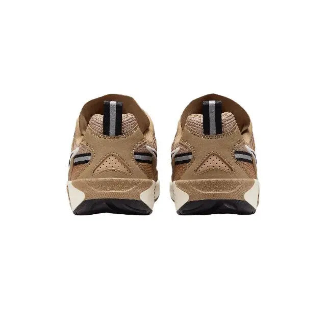 Brown Nike Jam sneakers back view with heel tab and white camo panel