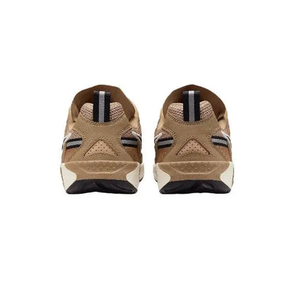 Brown Nike Jam sneakers back view with heel tab and white camo panel