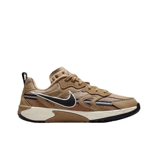 Brown Nike Jam sneakers front/side view with black Swoosh and white sole