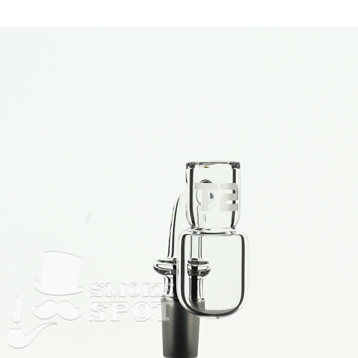 Side view of Joel Halen 90 Deg 14 mm T2 Quartz Banger - Smoke Spot Glass
