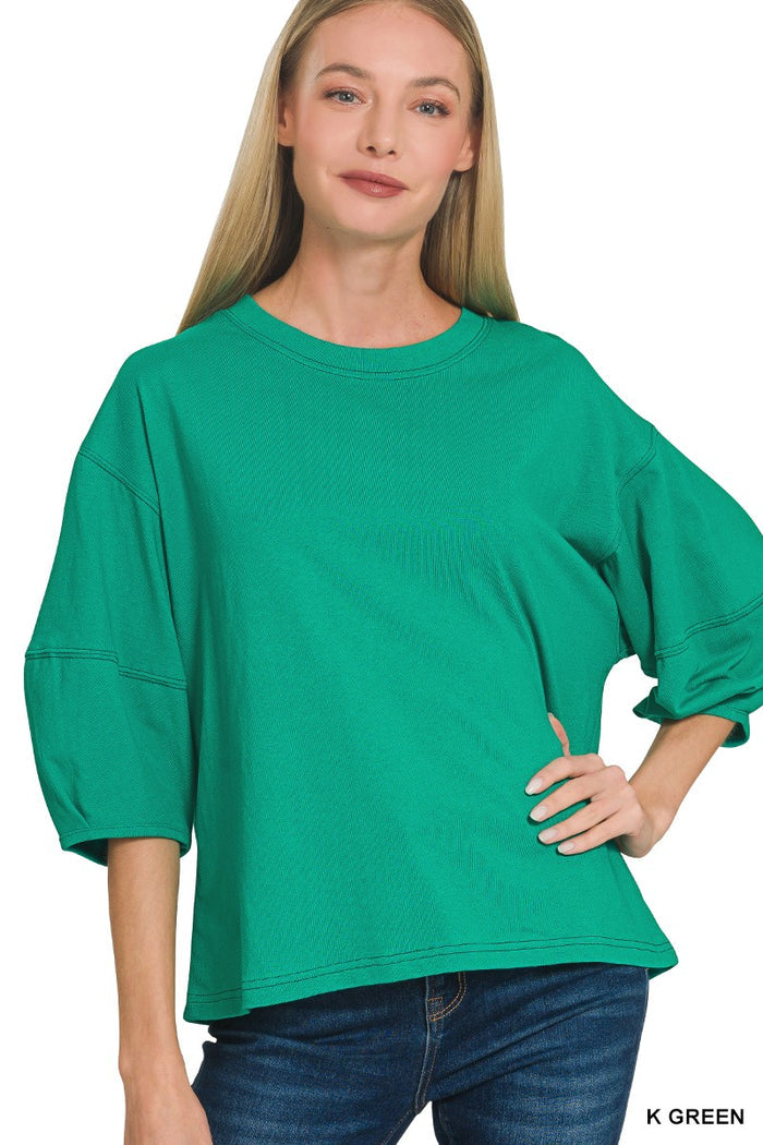 Green cotton crew neck balloon 3/4-sleeve T-shirt