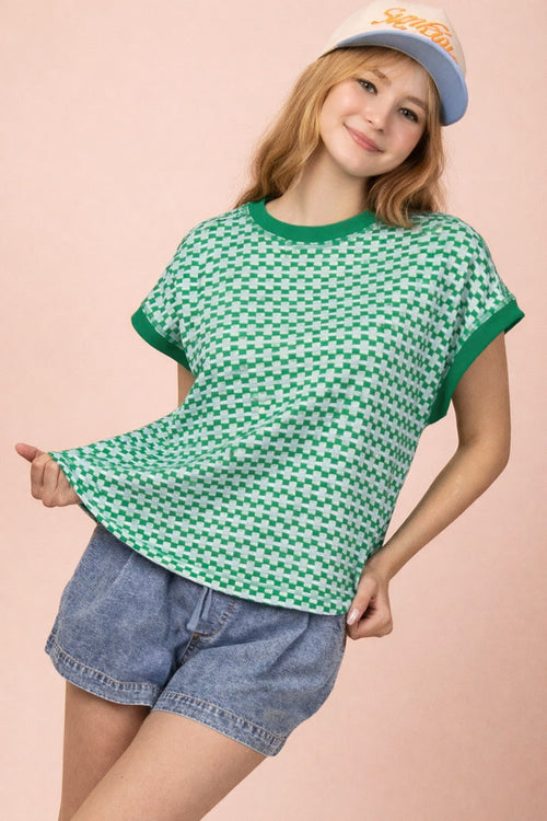Kelly green honeycomb knit sweater vest with crew neck and short sleeves