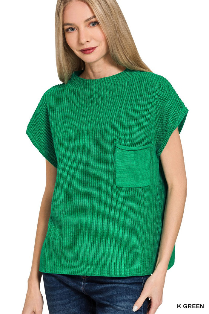 Kelly green sleeveless mock neck sweater vest with ribbed trim and chest pocket